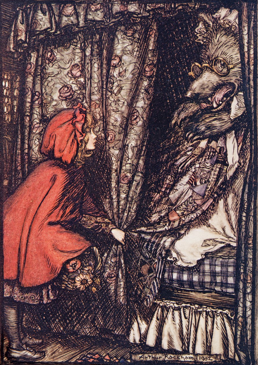 O, Grandmother, what big ears you have got, she said, from The Fairy Tales of the Brothers Grimm, pub. 1909  by Arthur Rackham