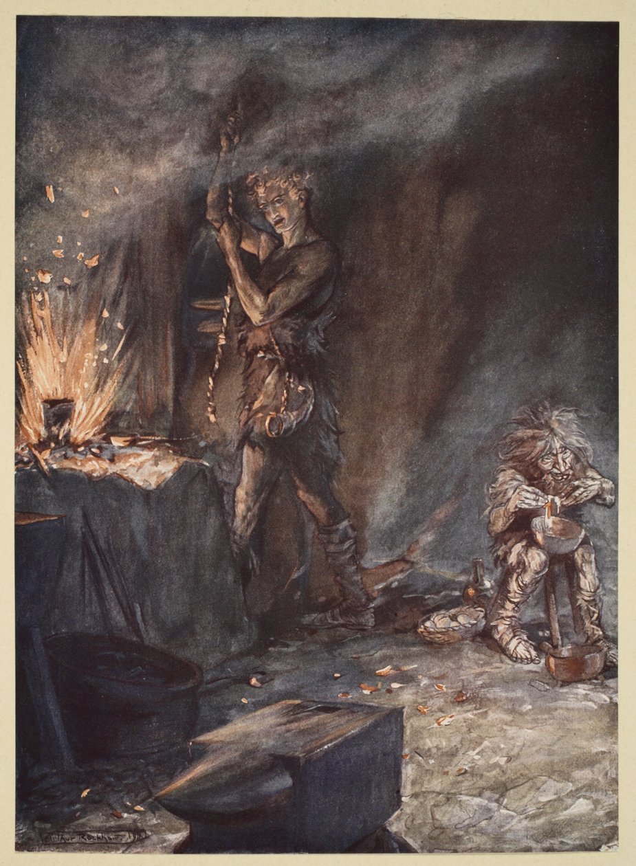 Nothung'un dövülmesi, 'Siegfried ve Tanrıların Alacakaranlığı'ndan bir çizim, 1924 by Arthur Rackham