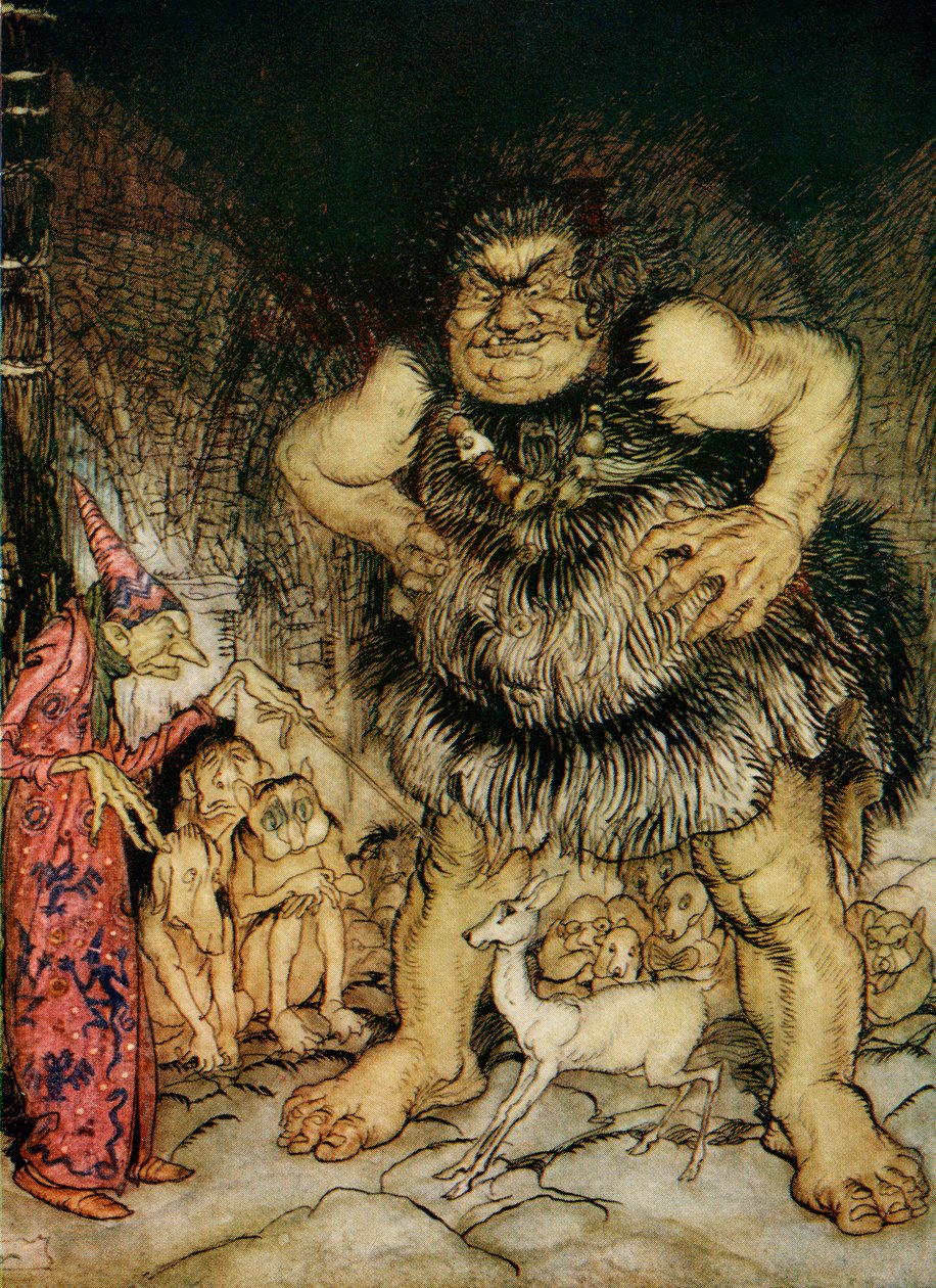 Dev Galligantua ve kötü yaşlı sihirbaz, dük kızını beyaz bir arkaya dönüştürür, F.A. by Arthur Rackham