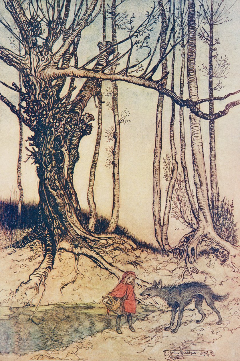 When she got to the wood she met a Wolf .., from The Fairy Tales of the Brothers Grimm, pub. 1909  by Arthur Rackham