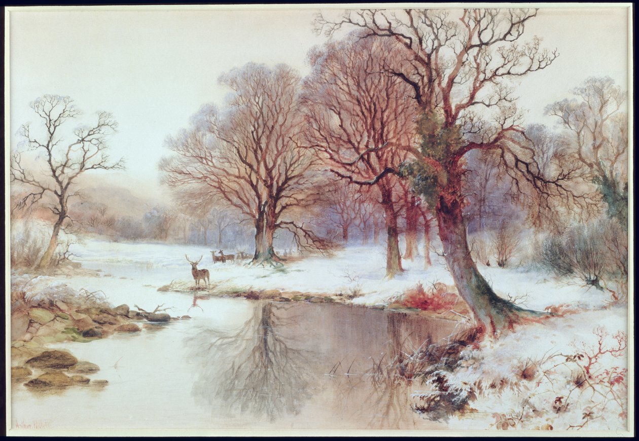 ಜಿಂಕೆ ಟರ್ಕಿಯೊಂದಿಗೆ ಹಿಮಭರಿತ ಭೂದೃಶ್ಯ by Arthur Willett