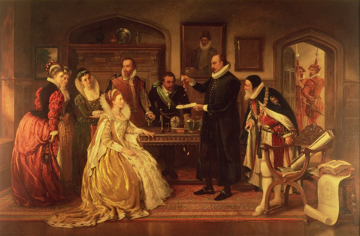 Dr William Gilbert (1544-1603), Kraliçe I. Elizabeth ve Sarayına Elektrik Deneyini gösteriyor, 19. yüzyıl (detay 99460
