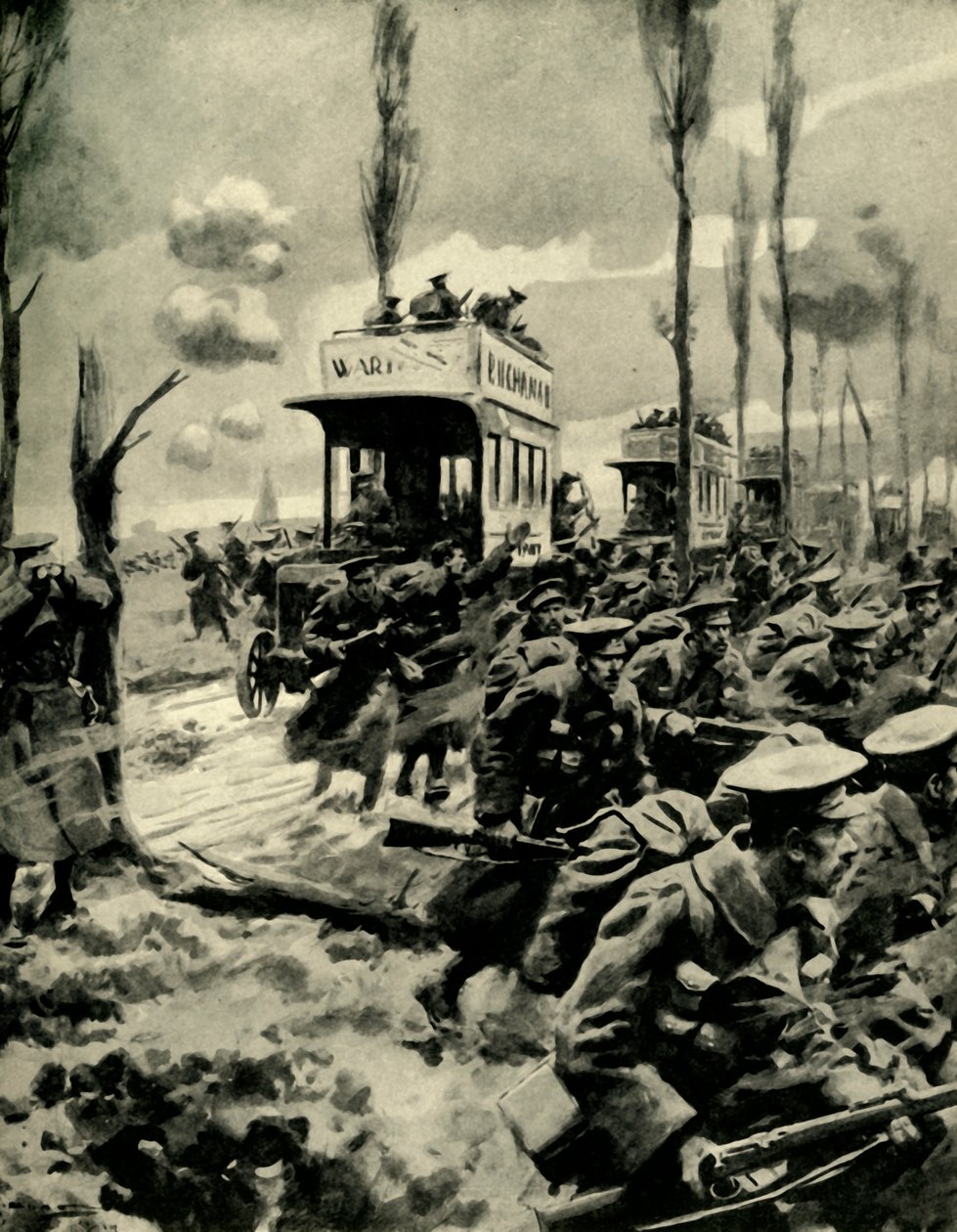 Askerleri cepheye taşımak için kullanılan Londra otobüsleri, Birinci Dünya Savaşı, 1914-1918, c1920. by Arthur C. Michael