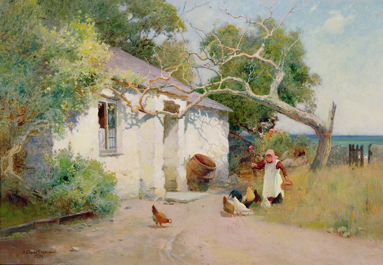 Tavukları Beslemek, 1894 (yağ) by Arthur Claude Strachan