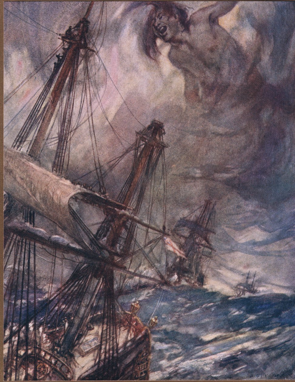 Sou'Wester'ın Şarkısı, Henry Newbolt'un (1862-1938) 'Drake's Drum and Other Songs of the Sea'den bir çizim (renkli taş) by Arthur David McCormick