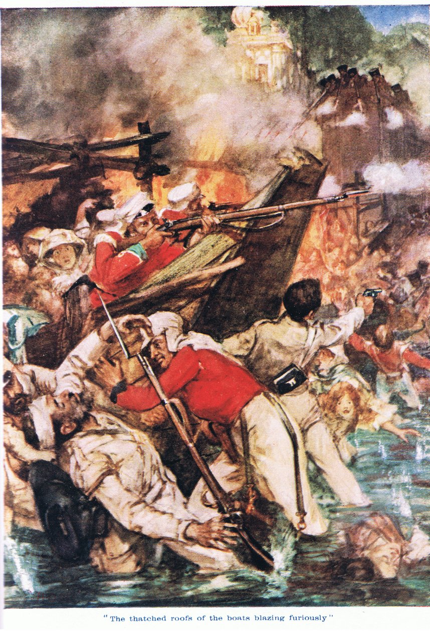 Öfkeyle alev alev yanan teknelerin sazdan çatıları (renkli lito) by Arthur David McCormick