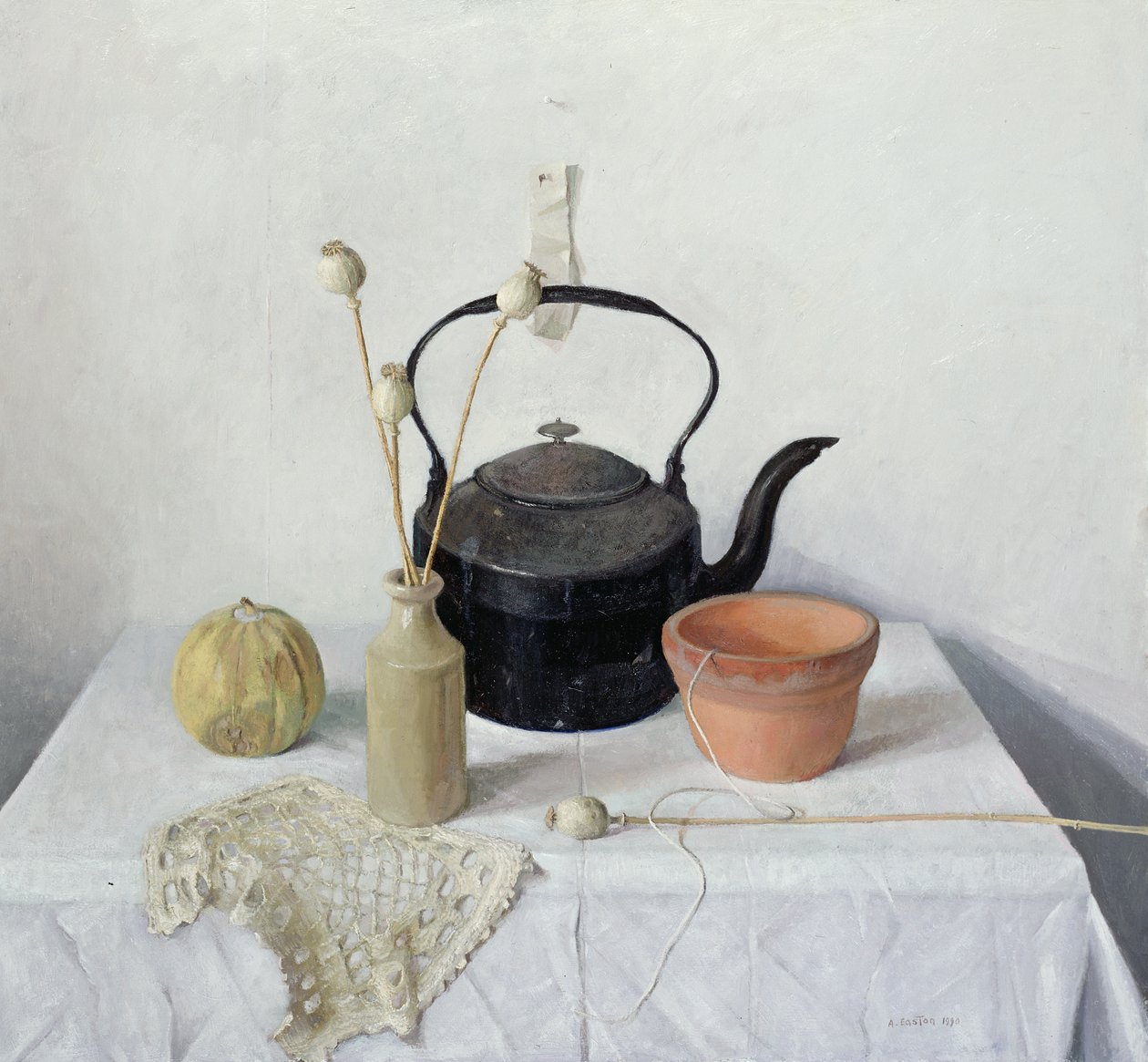 Kettle, Poppyheads ve Kabak, Natürmort, 1990 by Arthur Easton