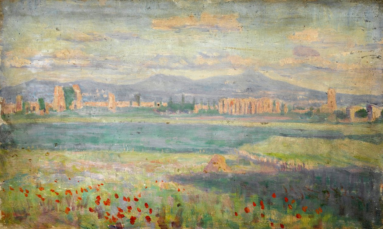 Ön planda haşhaş ve arka planda duvarlı kasaba ile Akdeniz manzarası by Arthur Haythorne Studd