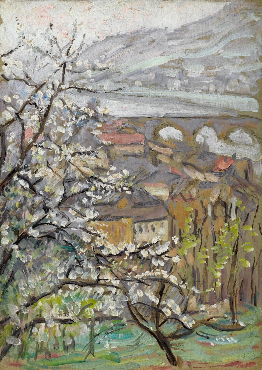 Bir köprü ve haliç üzerinde bir meyve bahçesinin üzerinden görüntüleyin by Arthur Haythorne Studd