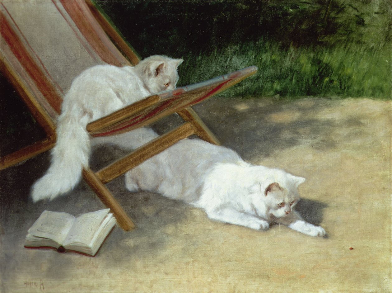 Bir Şezlong Tarafından Bir Uğur Böceği ile İki Beyaz İran Kedisi by Arthur Heyer