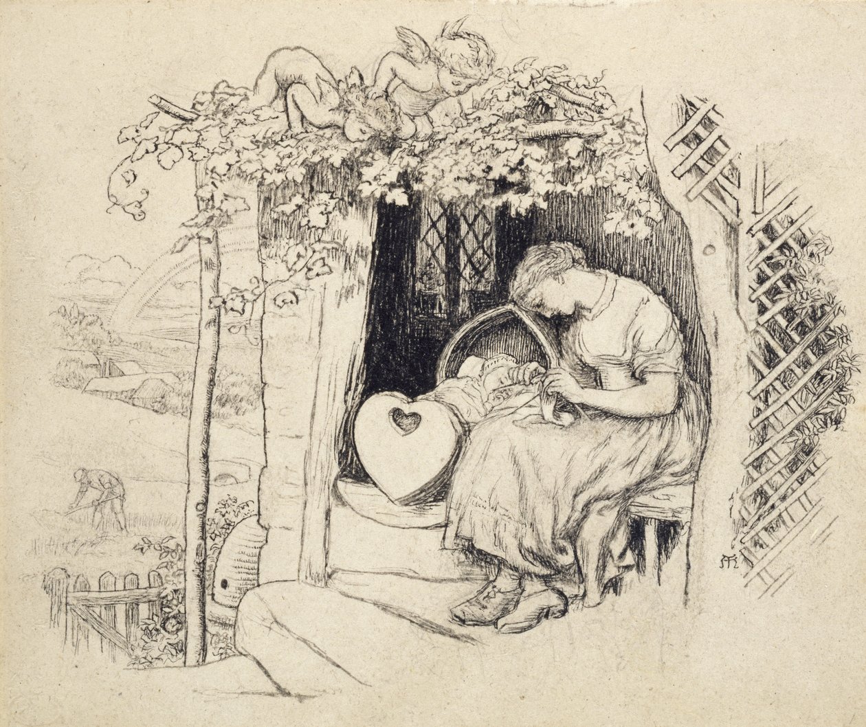 By the Cradle (grafit üzerine kalem ve Hindistan mürekkebi) by Arthur Hughes