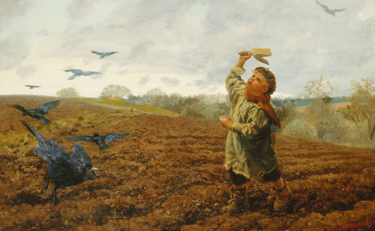 Karga Korkutucu; "Güvercinler ve Kargalar, Parmaklarınıza İyi Bakın", 1884 by Arthur Hughes