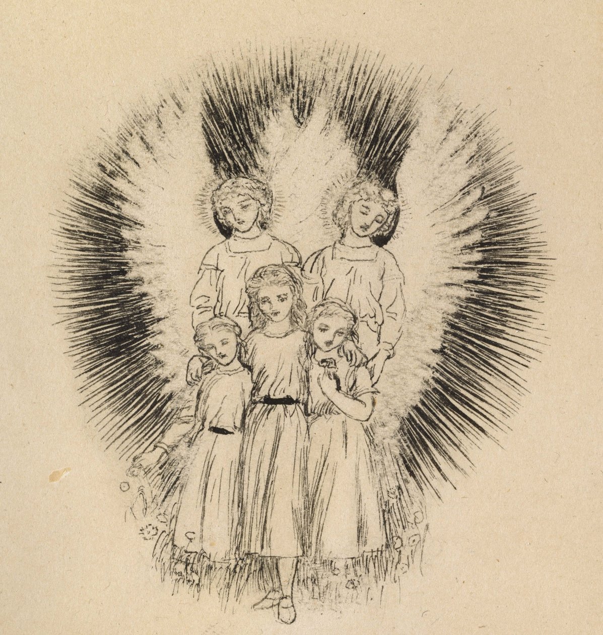 Geniş Dünya'da üç küçük Çocuk (kirli beyaz kağıt üzerinde kalem ve siyah mürekkep) by Arthur Hughes