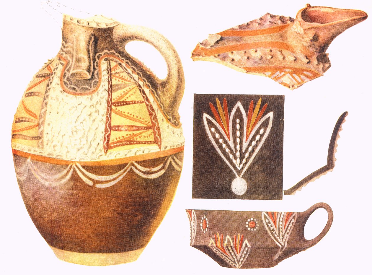 Knossos'tan kupa reprodüksiyonları ve renkli parçalar by Arthur John Evans