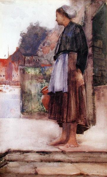 Bir Balıkçının Kızı, Cancale, Normandiya (kağıt üzerine suluboya) by Arthur Melville