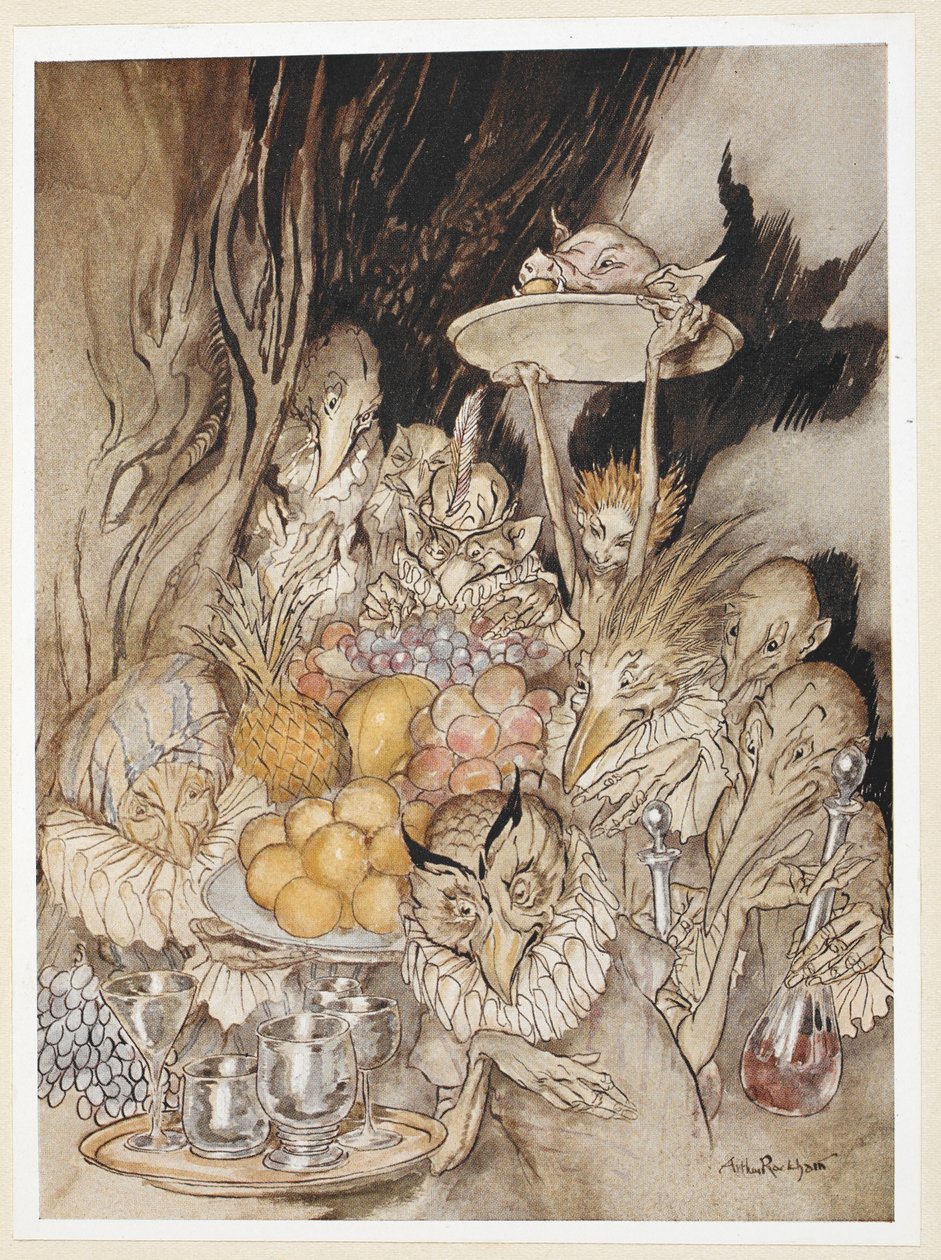 PERDE III: Sahne III, satır 19 Birkaç garip Şekil girin, bir ziyafet düzenleyin ... Kral'ı yemek yemeye davet edin vb. by Arthur Rackham