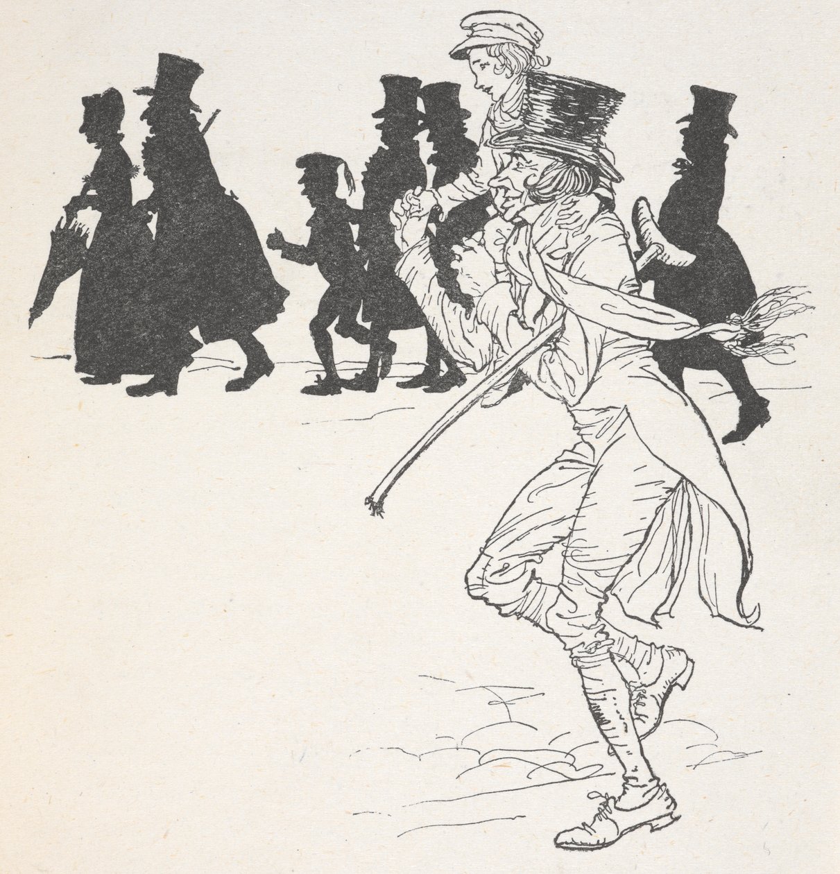 Bir erkeğin omuzlarında taşınan bir çocuk by Arthur Rackham
