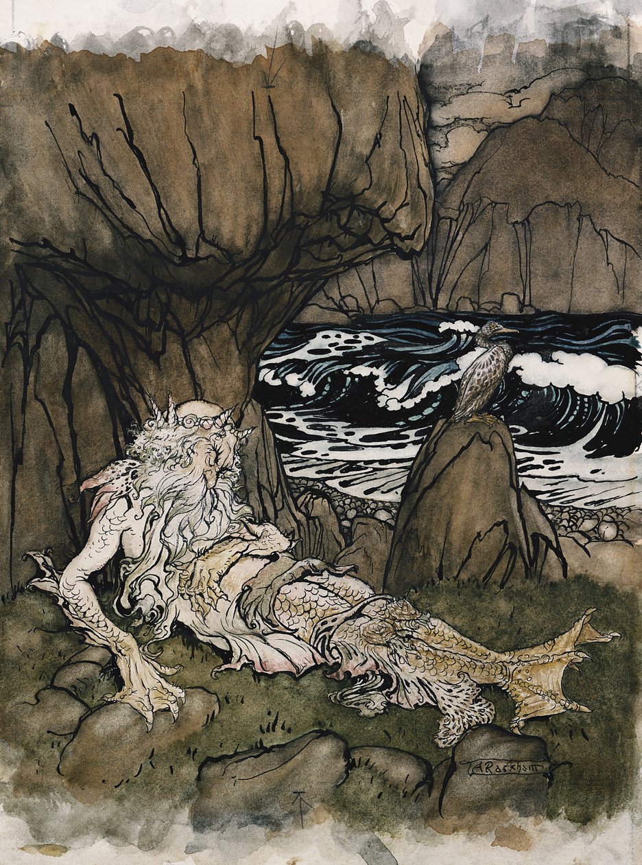 Taçlı bir "deniz adamı", kayalık bir kıyıda uyuyan bir deniz tanrısı by Arthur Rackham