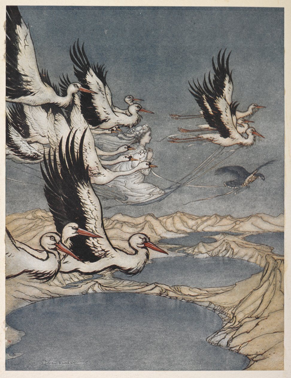 Düğününün arifesinde Earl Mar'ın kızını alıp götüren bir kuş sürüsü by Arthur Rackham