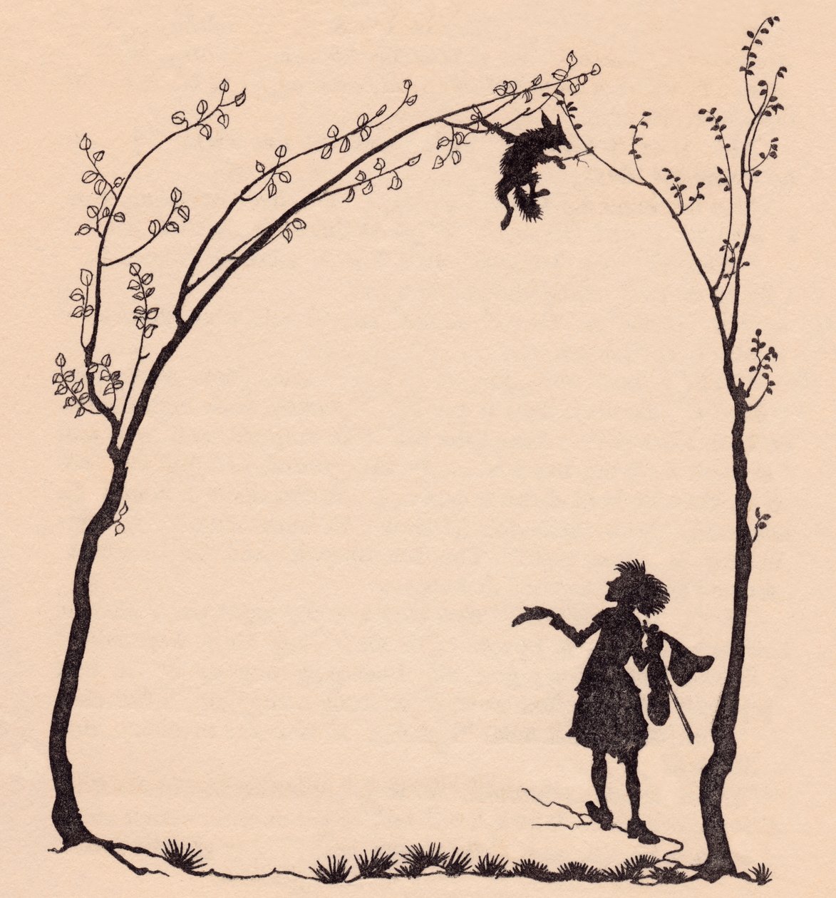 Pençelerinden iki fındık ağacına bağlanmış bir tilki. Grimm's Fairy Tale, The Wonderful Musician'dan Arthur Rackham'ın illüstrasyonu. by Arthur Rackham