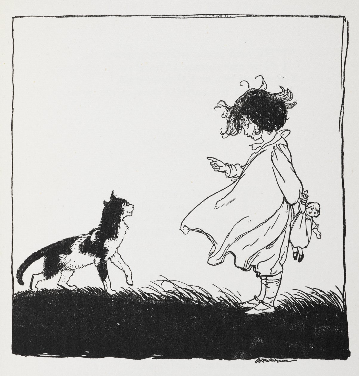 Oyuncak bebeği olan bir kız kedisine azarlıyor. by Arthur Rackham