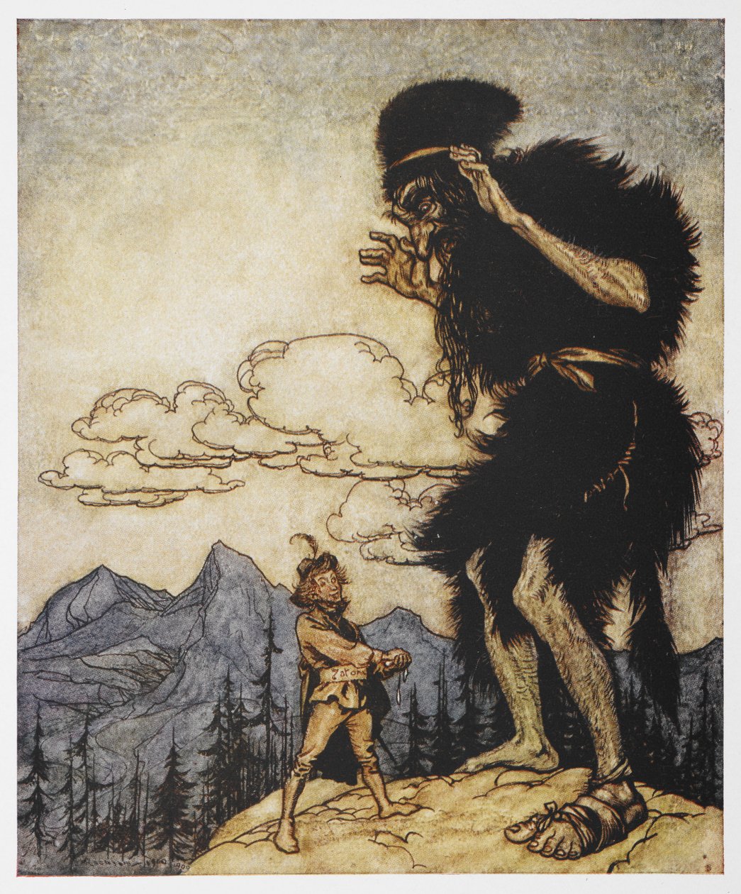 The Valiant Tailor'dan bir adam ve bir dev by Arthur Rackham