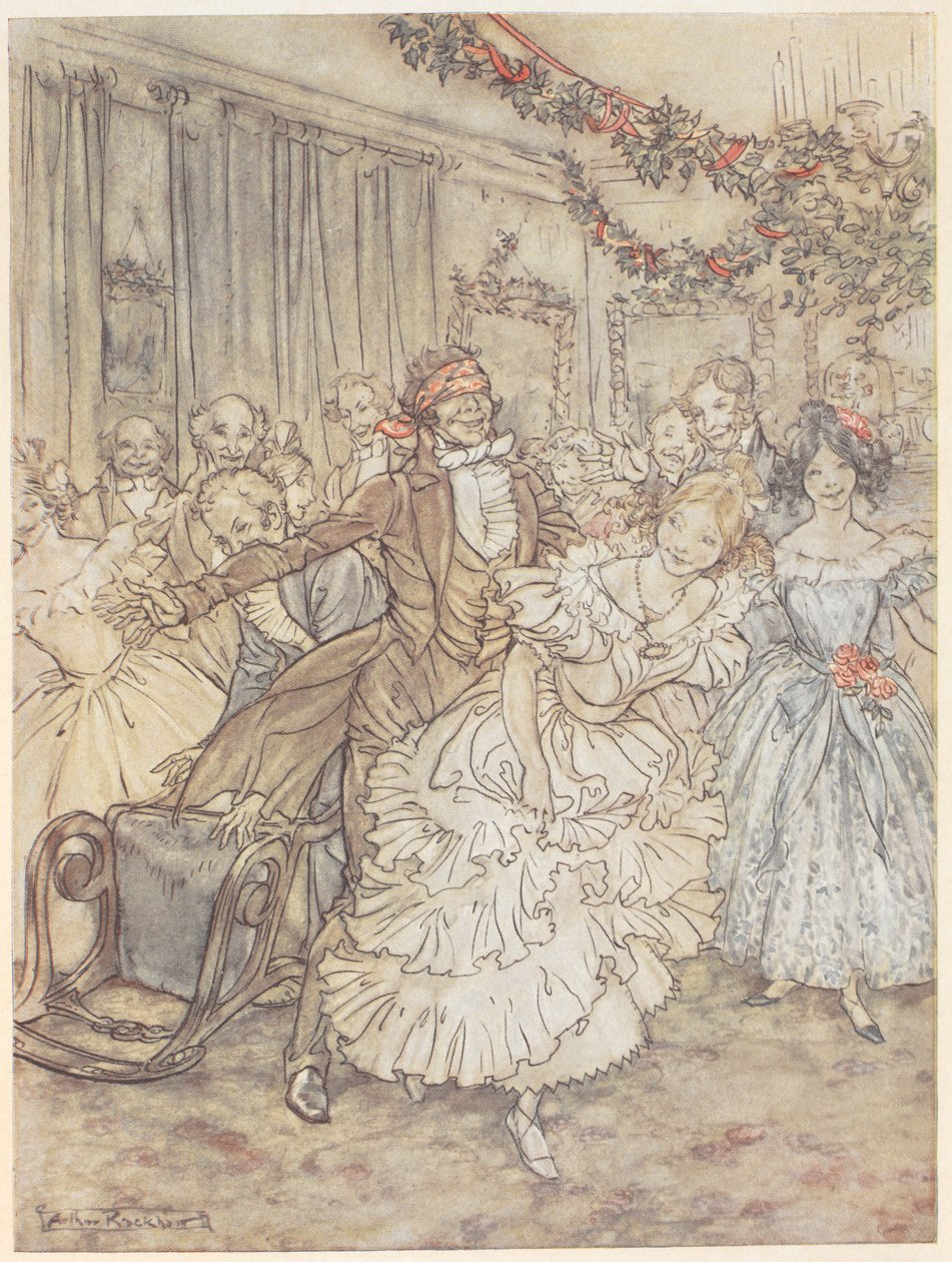 Kör adamın blöfünü oynayan bir parti. Göz bağı takan bir adam, fırfırlı elbiseli bir kadını kovalıyor. by Arthur Rackham