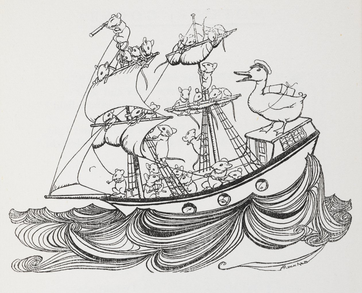 Mürettebatı farelerden oluşan ve kaptanı bir ördek olan bir gemi. by Arthur Rackham
