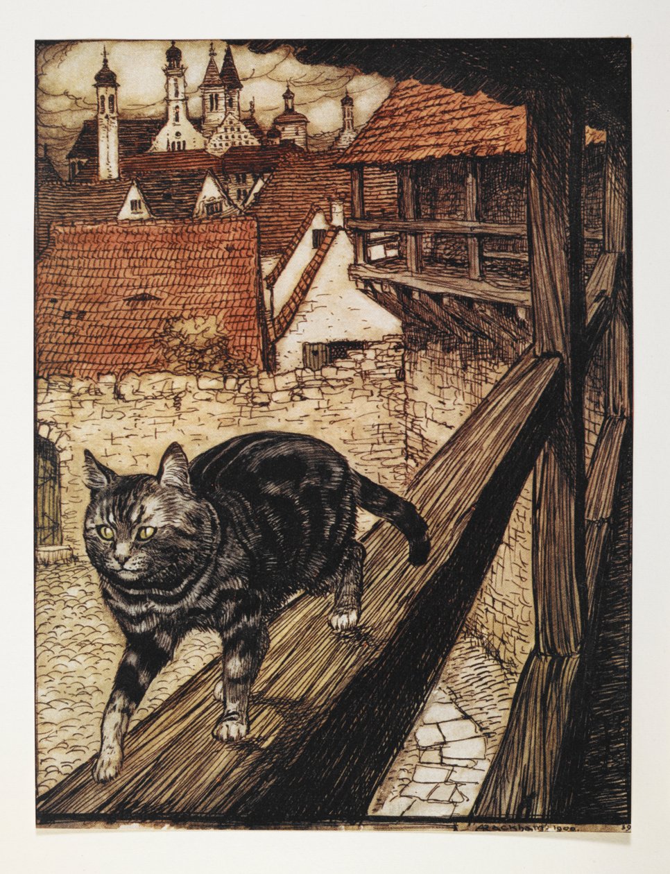 Bir binanın ahşap korkuluğu boyunca yürüyen bir tekir kedi. by Arthur Rackham