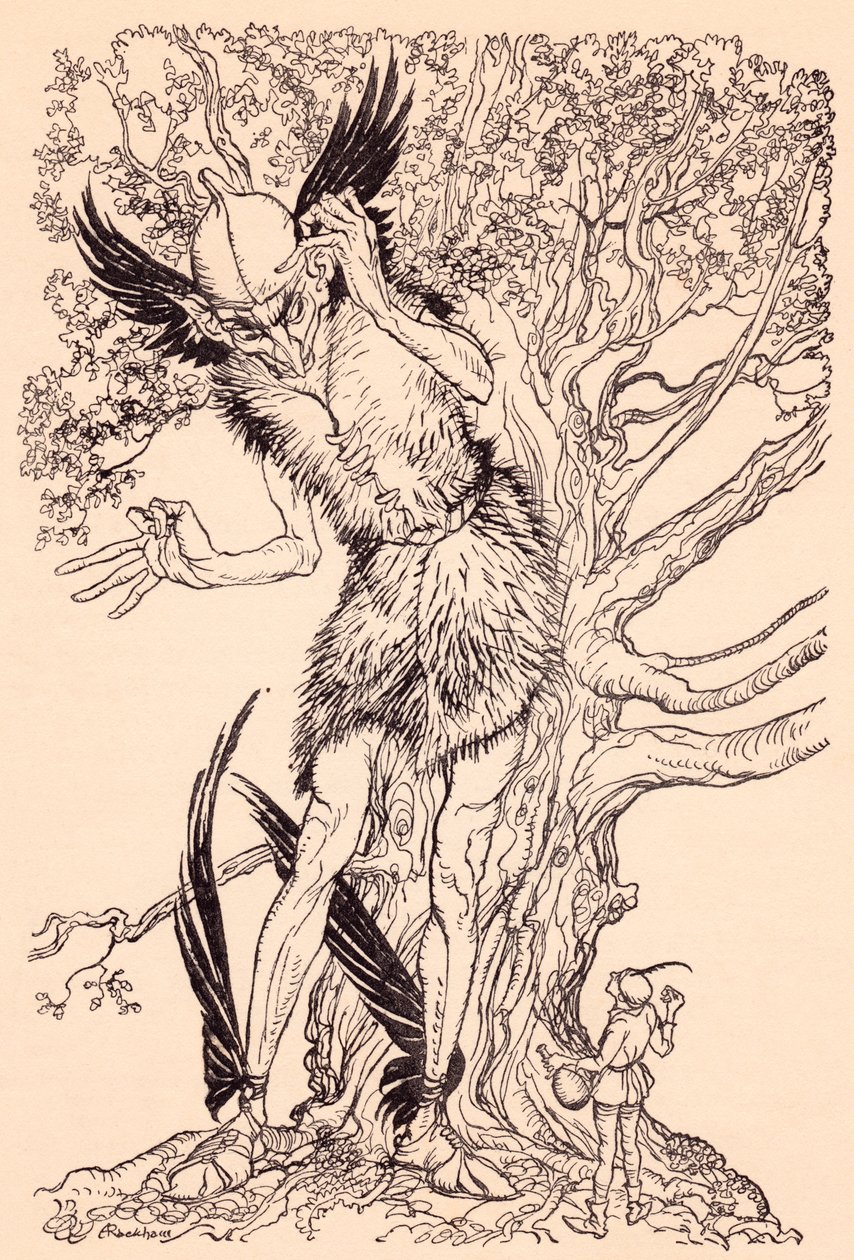 Yanında durduğu ağacın yarısı kadar büyük, korkunç bir adam. Grimm's Fairy Tale, The Spirit in the Glass Bottle'dan Arthur Rackham'ın illüstrasyonu. by Arthur Rackham