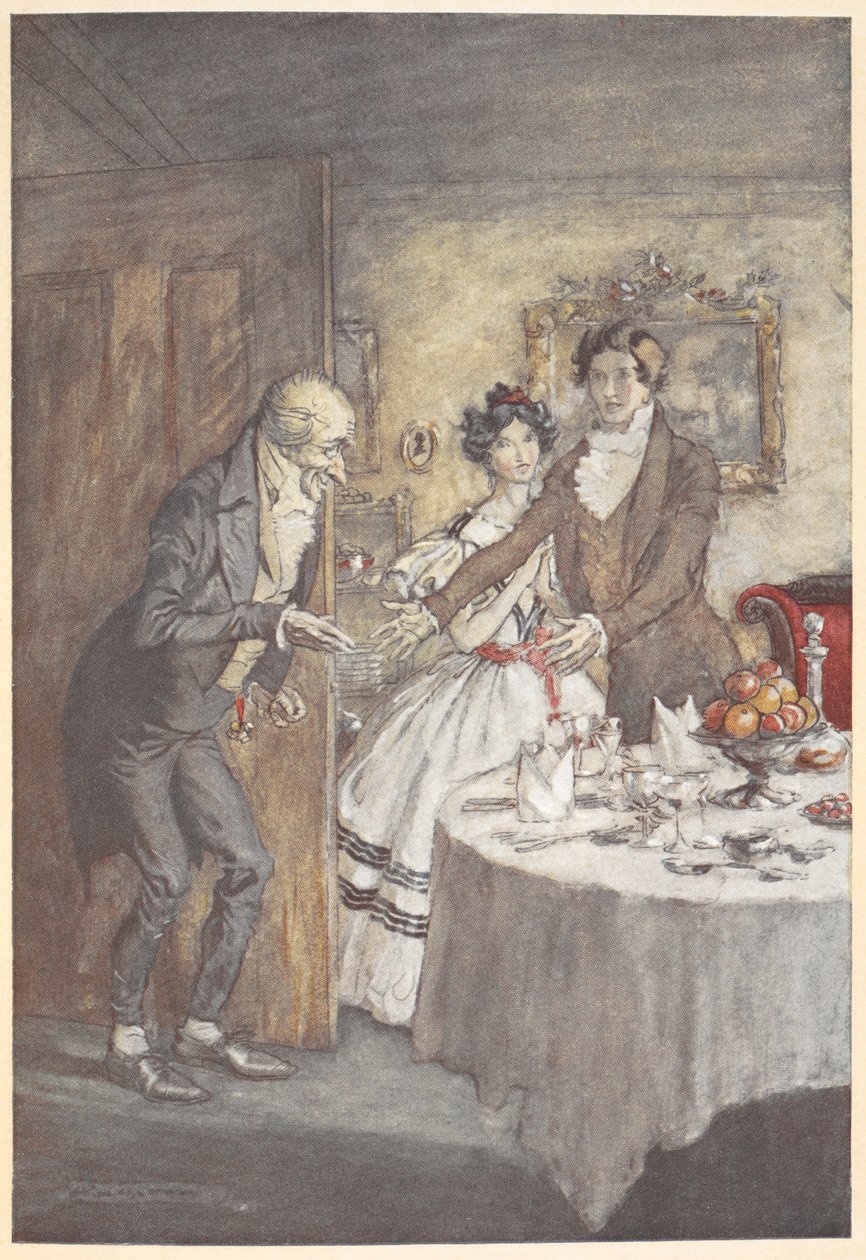 Scrooge'u yemek salonunda karşılayan genç bir erkek ve kadın by Arthur Rackham