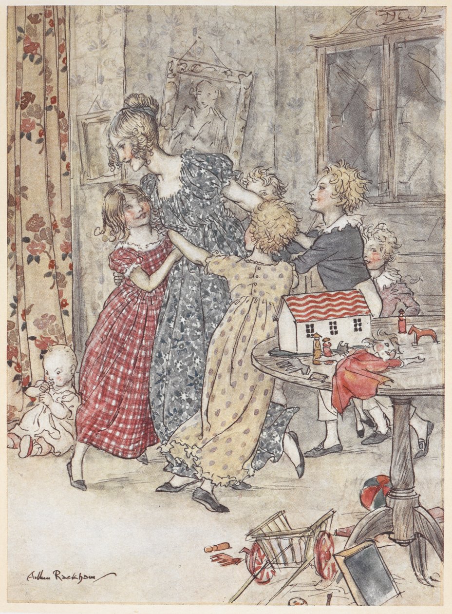 Oyuncaklarla dolu bir oyun odasının etrafında dans eden genç bir kadın ve çocuklar by Arthur Rackham