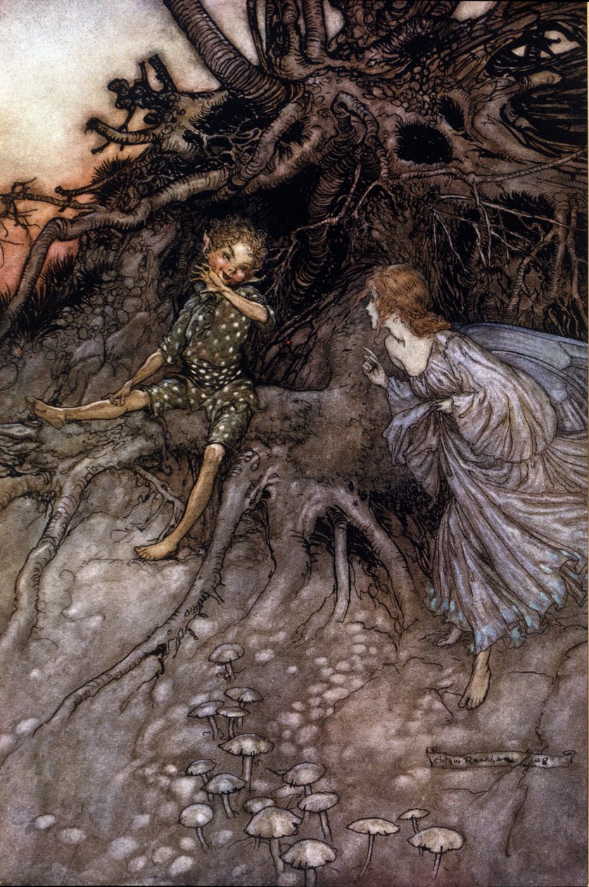 Perde II, Sahne I Puck ve bir peri; Puck, kendisinin "" gecenin neşeli gezgini" olduğunu kabul ediyor. William SHAKESPEARE