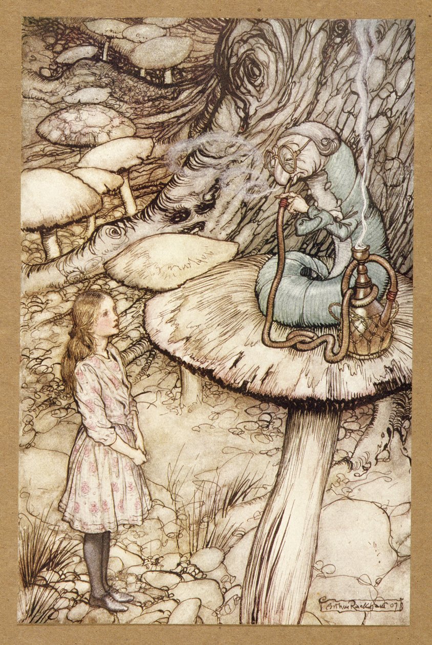 Bir Tırtıldan Tavsiye, Alice Harikalar Diyarında'dan, Lewis Carroll, pub.1907 by Arthur Rackham