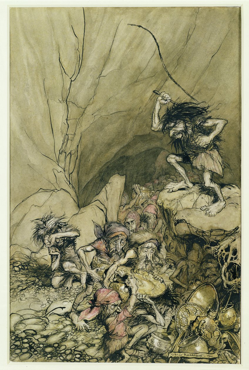 Alberich, altın ve gümüş hazinelerle dolu bir Nibelungs grubunda araba kullanıyor, Richard Wagner (1813-83) pub