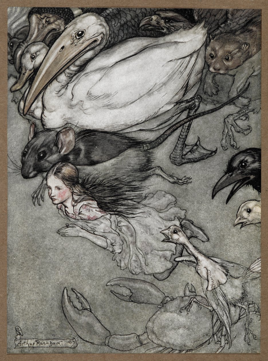 Alice ve fare, ördek, dodo, karga, gelincik, yengeç ve civciv gibi yüzen çeşitli hayvanlar. by Arthur Rackham