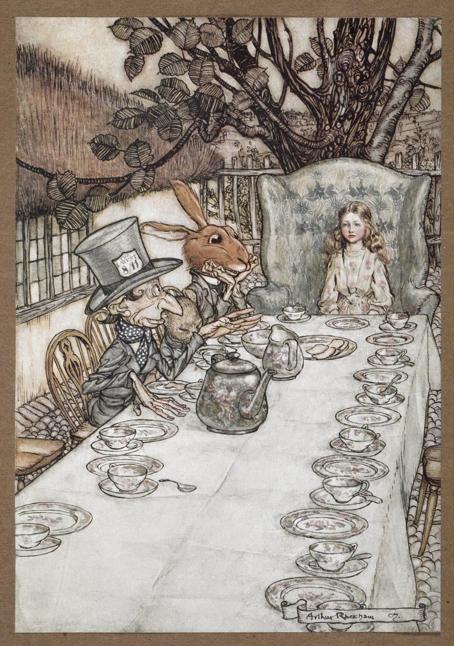 Alice, Mart Tavşanı, Fındık Faresi ve Çılgın Şapkacı ile Çılgın Şapkacının Çay Partisinde by Arthur Rackham