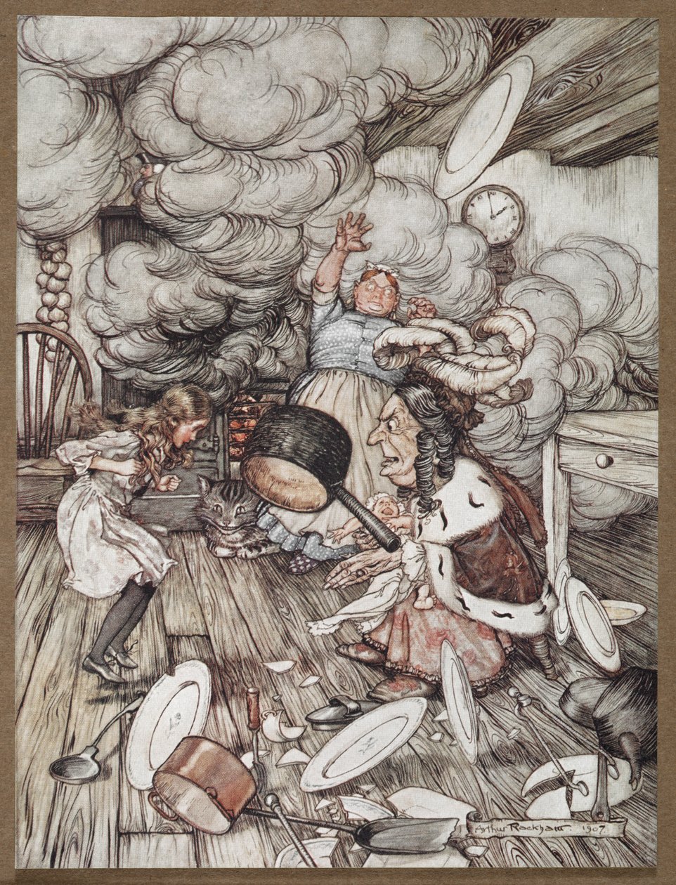 Alice, Düşes, bir aşçı ve Cheshire Kedisi ile bir mutfakta by Arthur Rackham
