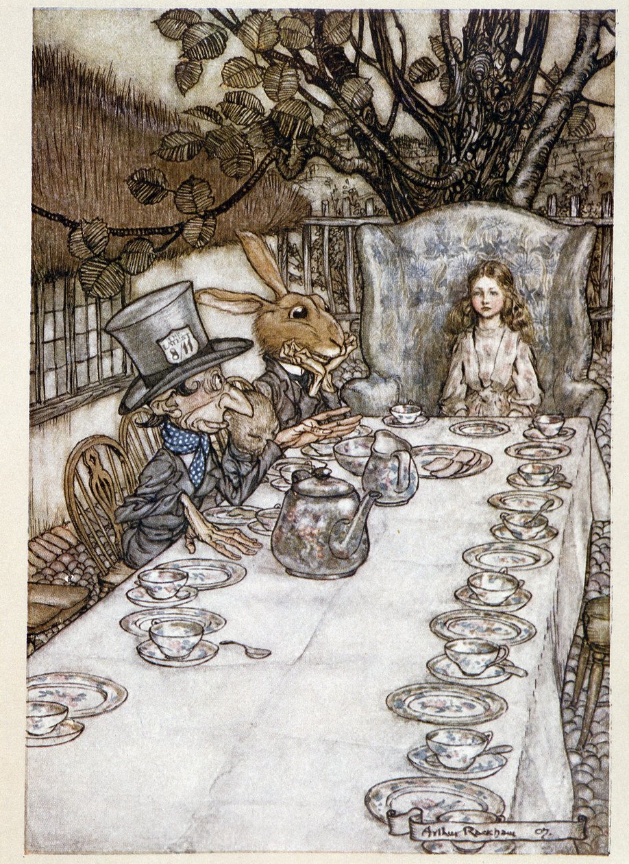 Alice “aptallarda”””” (Şapkacı ve Mars Lievre) - “” Alice Harikalar Diyarında””” da, Lewis Carroll, hasta. Arthur Rackham (1867-1939) tarafından by Arthur Rackham