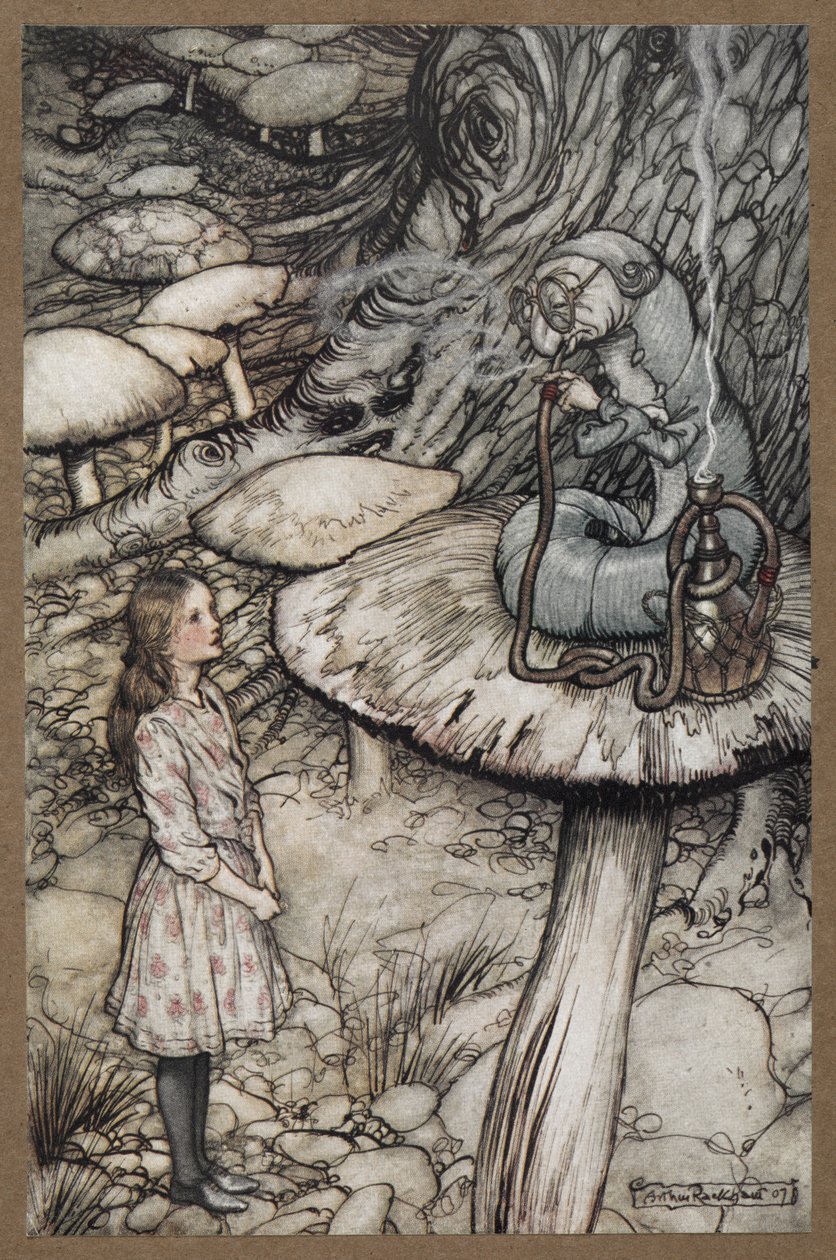 Alice, bir mantarın üzerinde oturmuş pipo içen Tırtıl ile konuşuyor. by Arthur Rackham