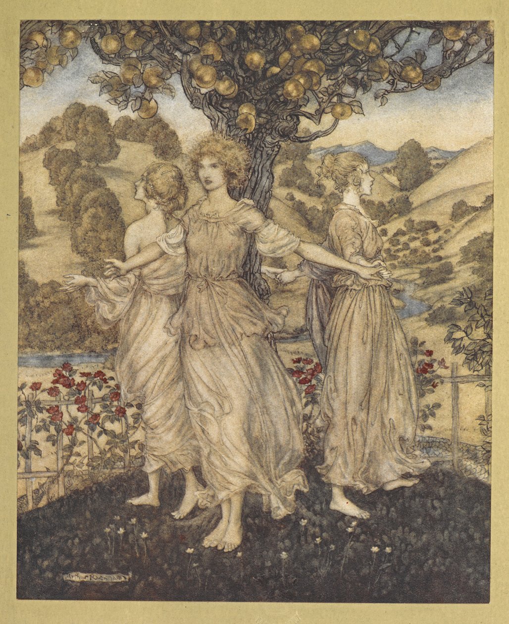 Hepsi bahçenin panayırının ortasında, Hesperus ve altın ağaç hakkında şarkı söyleyen üç kızı. by Arthur Rackham