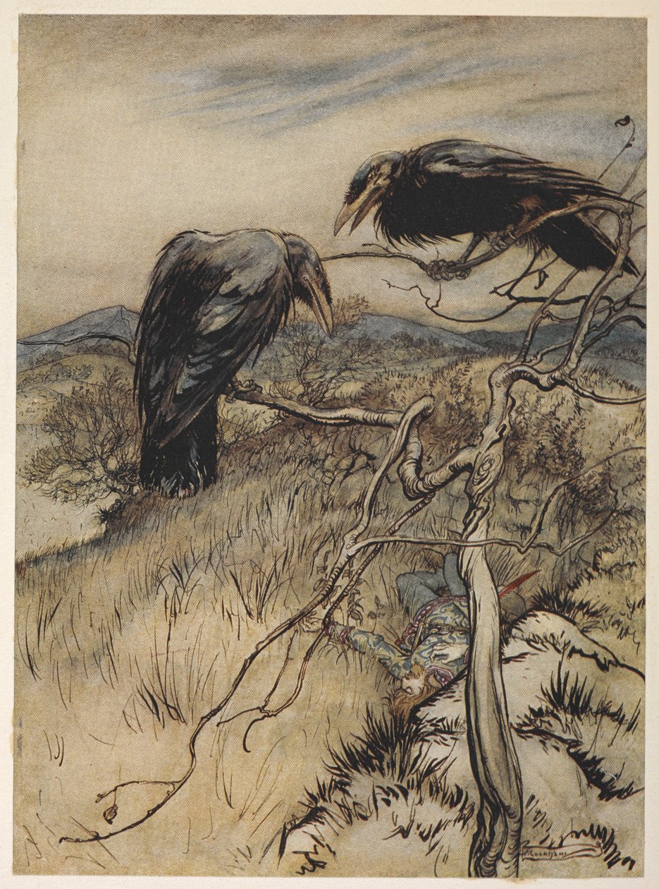 'Twa Corbies'in bir çizimi by Arthur Rackham