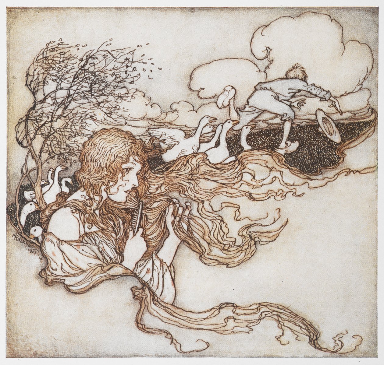The Goosegirl'den, saçlarını kazlarla tarayan bir kızın ve arka planda bir oğlanın resmi. by Arthur Rackham