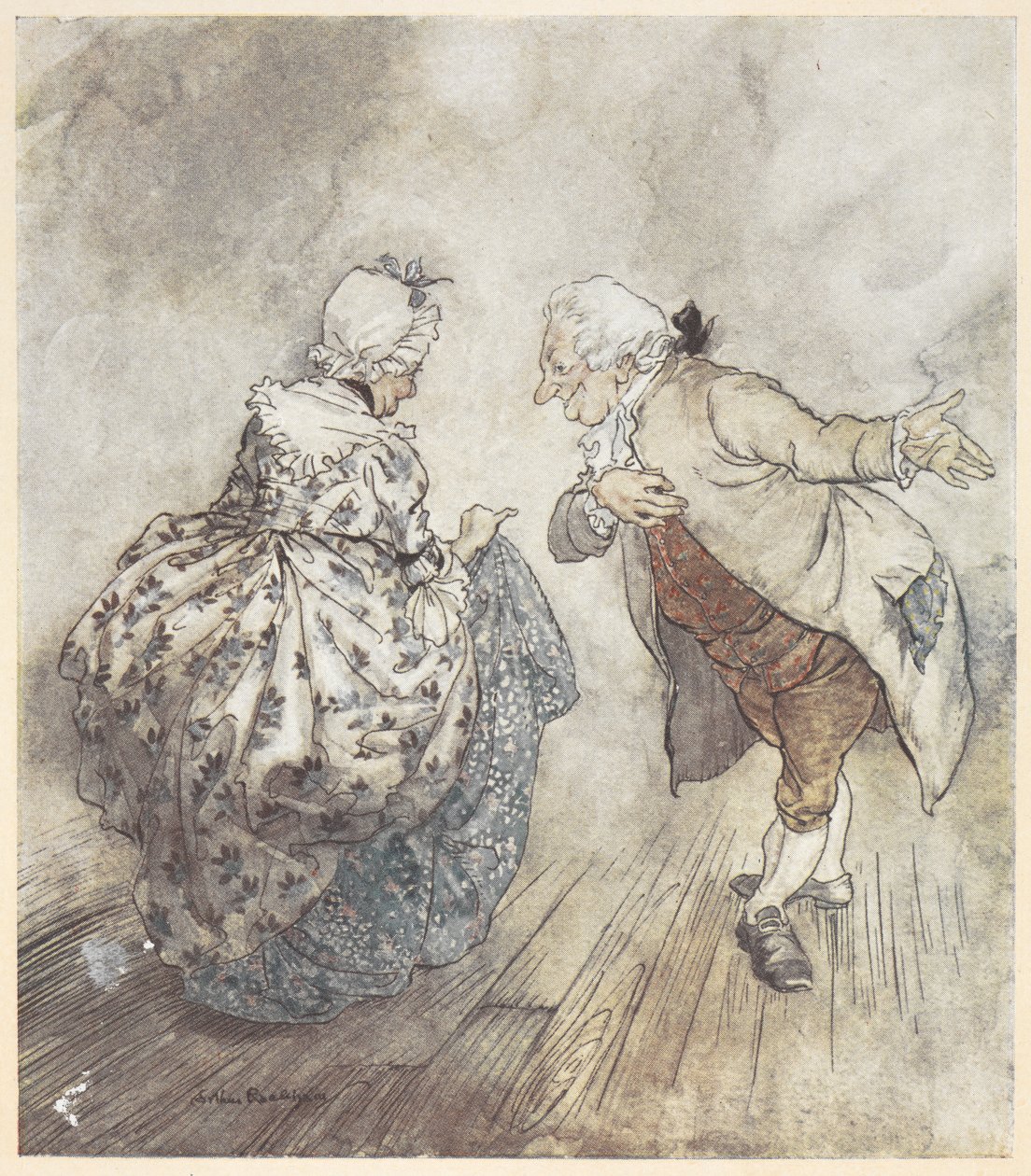 Dans etmek üzere resmi kıyafetli yaşlı bir çift by Arthur Rackham