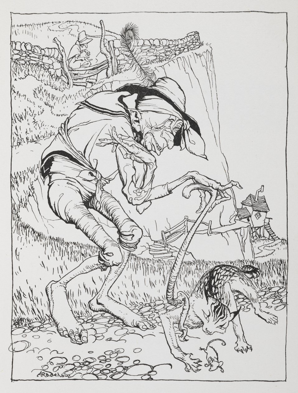 Eğri kedisi ve kıvrık evi olan yaşlı bir cılız adam. by Arthur Rackham