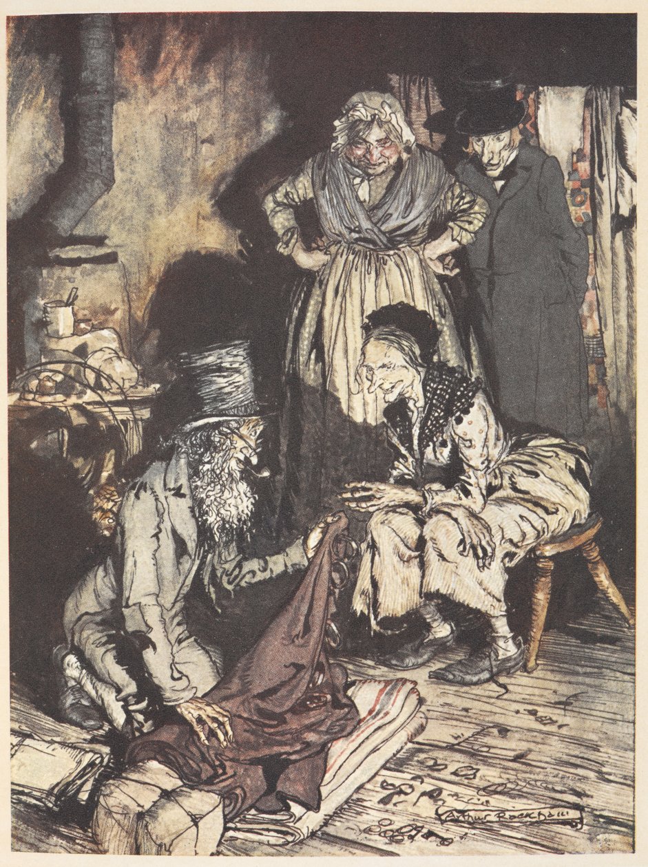 Onlara perde sunan bir adamla evlerinin içinde yaşlı bir aile by Arthur Rackham