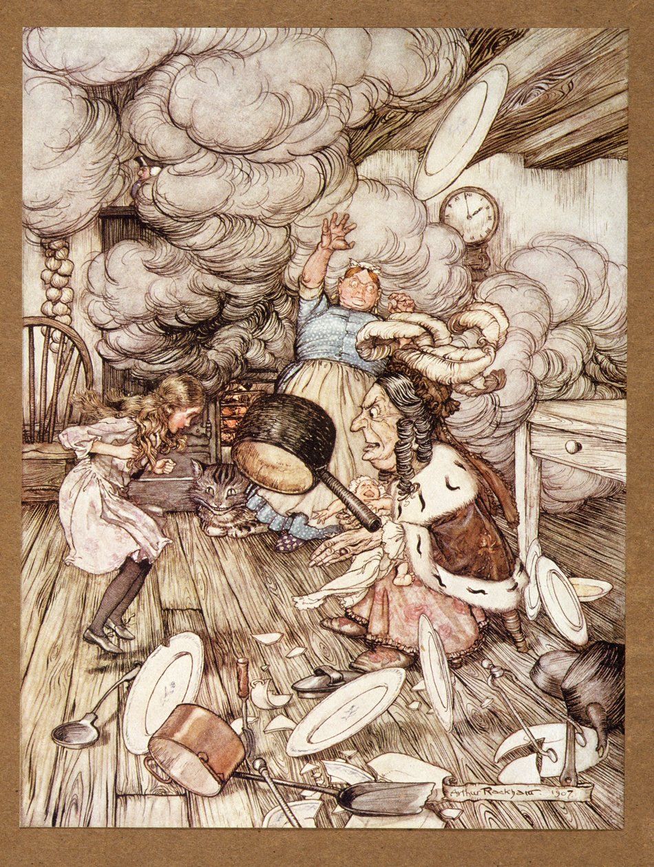 Alışılmadık derecede büyük bir tencere yakınlardan uçtu ve neredeyse onu uçurdu, Alices Harikalar Diyarında, Lewis Carroll, yayın. 1907 by Arthur Rackham