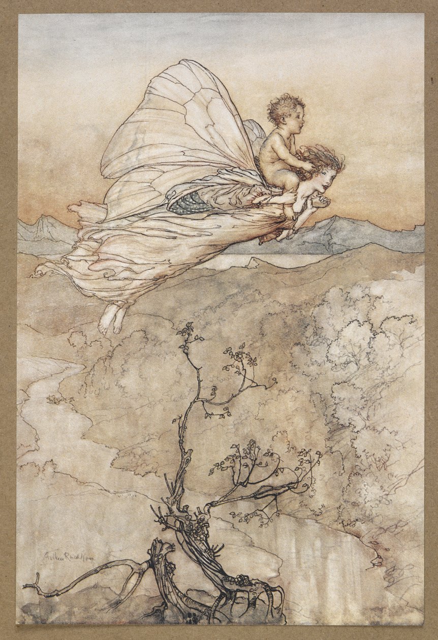 ... Ve perisi, onu peri diyarındaki çardağıma götürmesi için gönderdi'. Peri, Changling ile Uçup Gitti. Bir Yaz Gecesi Rüyası'ndan bir sahne. by Arthur Rackham