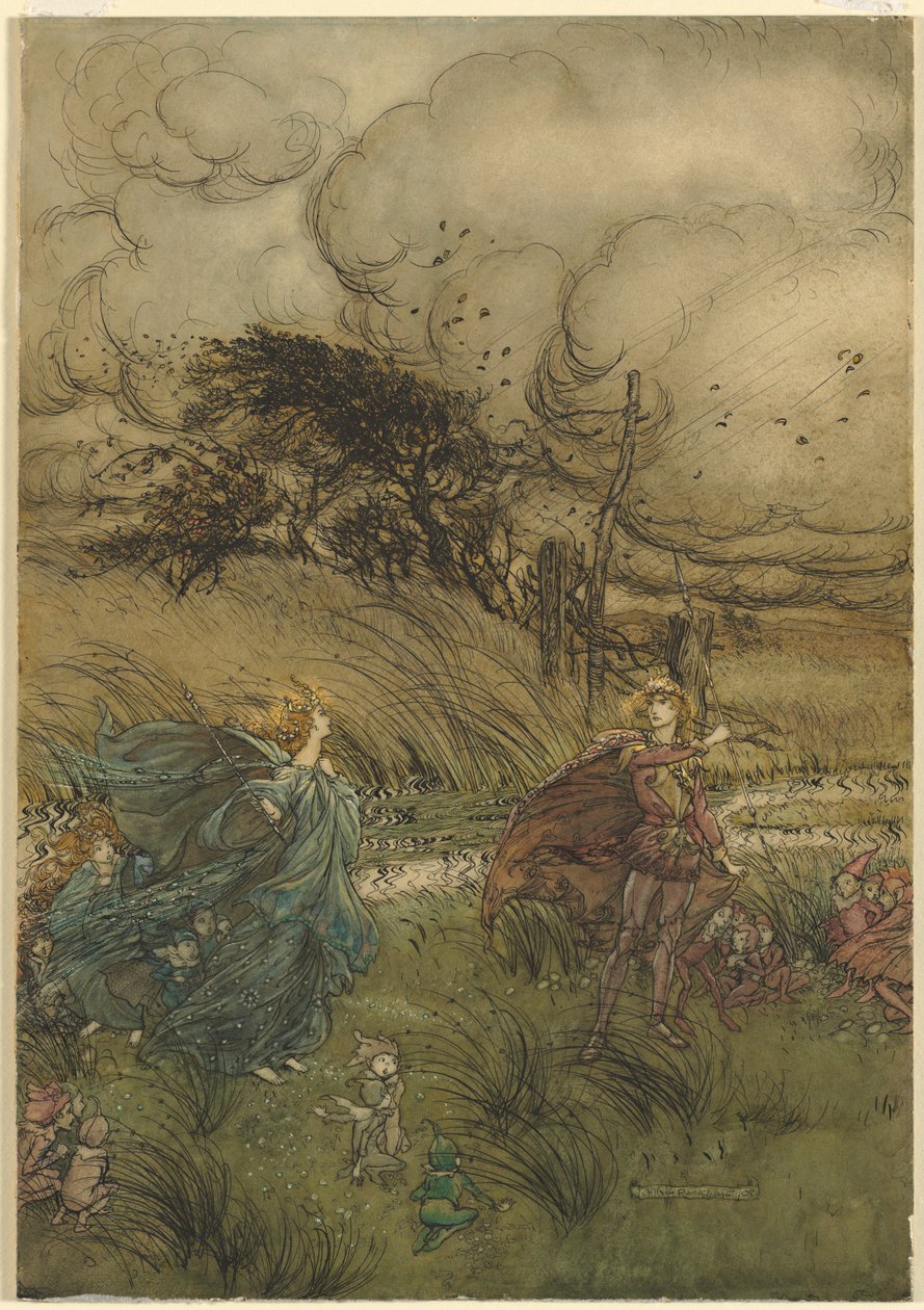 William Shakespeare'in Bir Yaz Gecesi Rüyası'nın 2. perde 1. sahnesinden "Ve şimdi asla koruda veya yeşilde buluşmuyorlar" by Arthur Rackham