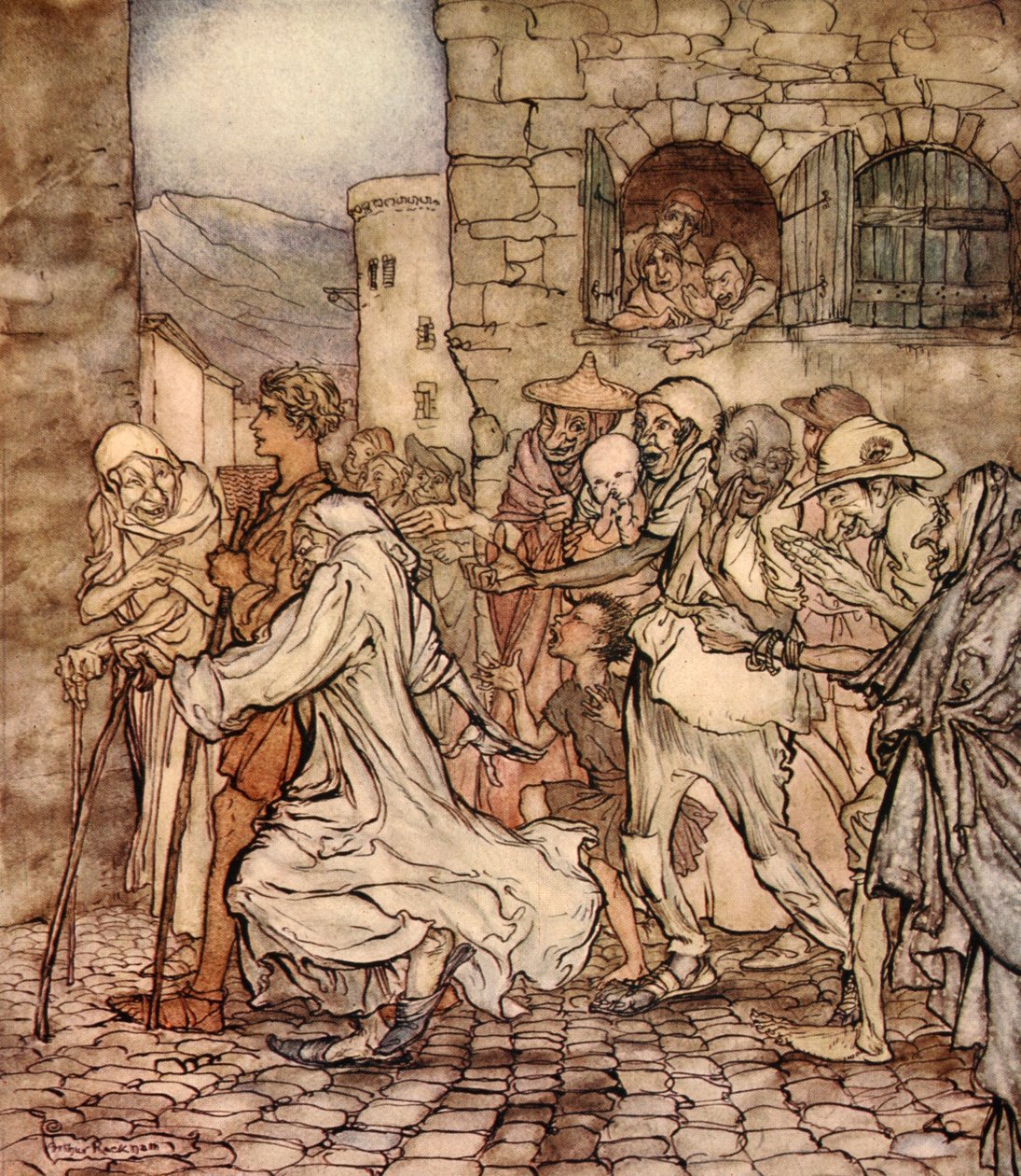 Perseus, arkasından işaret edilen insanlar arasında yürürken, Nathaniel Hawthorne'un "Kızlar ve Erkekler İçin Harika Bir Kitap"tan bir çizim, 1928 by Arthur Rackham